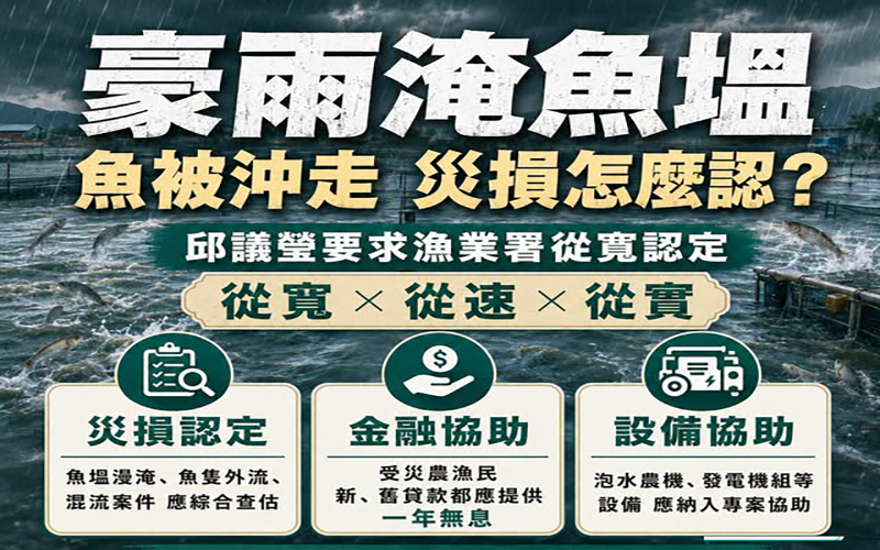 魚塭泡水魚隻外流難舉證　邱議瑩籲放寬災損認定　新舊貸款一年無息挺復養