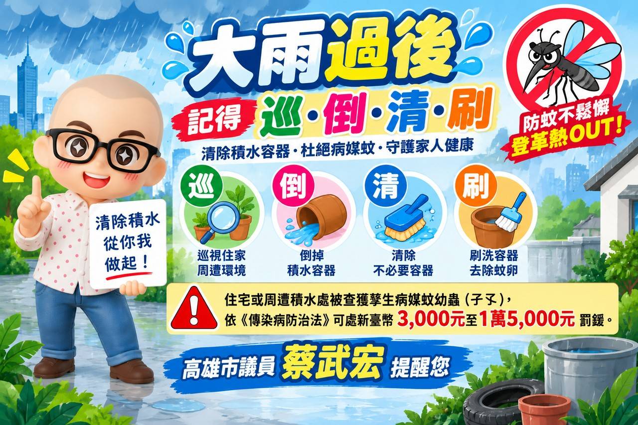 豪雨退去防蚊大作戰　蔡武宏提醒民眾落實「巡倒清刷」不讓蚊蟲有機可乘